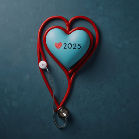 Red stethoscope and blue heart on blue background. Health care concept.の写真素材