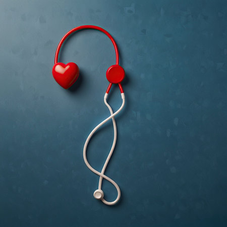 Red heart and stethoscope on blue background. 3d illustrationの写真素材