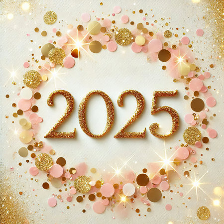 Happy New Year 2025. Golden numbers on a white background with confetti.の写真素材
