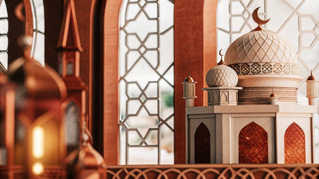 Beautiful Ramadan Kareem background with mosque. 3d rendering.