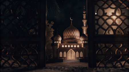 Mosque at night, Ramadan Kareem background. 3d renderingの写真素材