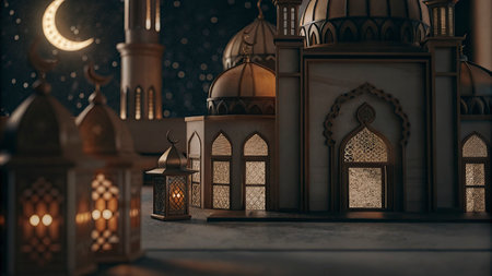 3d illustration of Ramadan Kareem background with mosque and crescent moonの写真素材