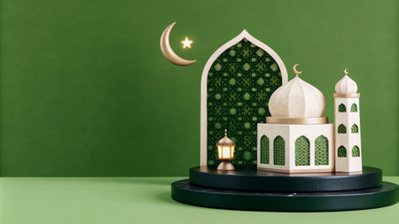 Ramadan Kareem greeting card with mosque and crescent moon on green backgroundの写真素材
