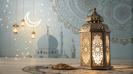 Ramadan Kareem greeting card. Ramadan lantern on the background of mosque