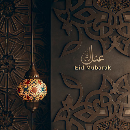 Eid Mubarak greeting card with arabic calligraphy and lanternの写真素材