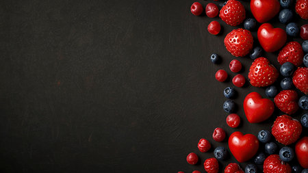 Strawberries and blueberries on black background. Top view with copy spaceの写真素材