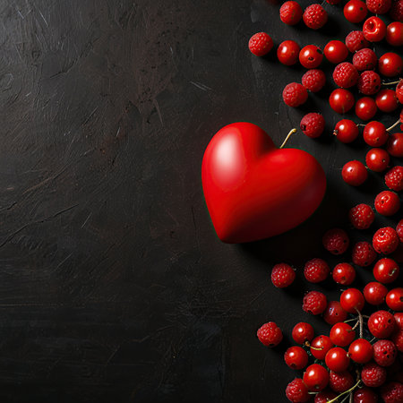 Red heart and berries on black background. Top view with copy spaceの写真素材