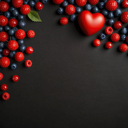 White heart with berries on a black background. Valentines day concept.の写真素材