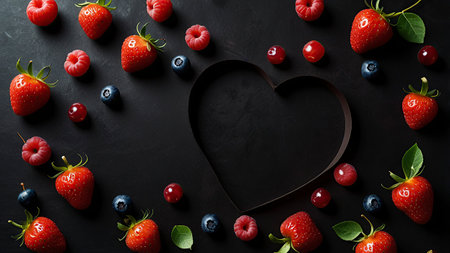Valentine's day background with strawberries, blueberries and raspberriesの写真素材