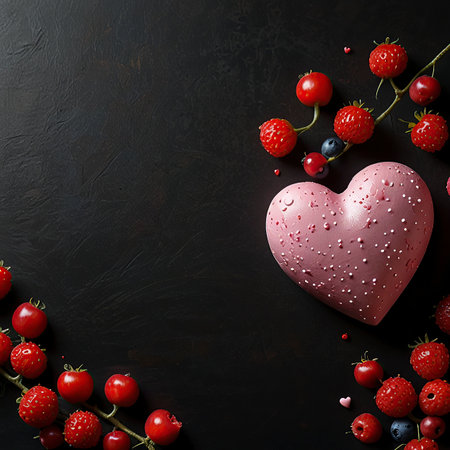 Valentine's Day background with red heart and berries on black