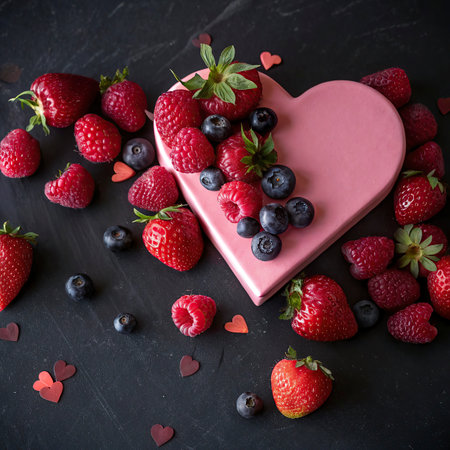 Heart shaped box with fresh berries on black background, valentines day conceptの写真素材