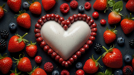 Strawberries, blueberries, strawberries and hearts on black background