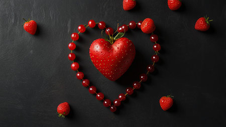 Strawberries and red currant on a black background in the form of a heartの写真素材