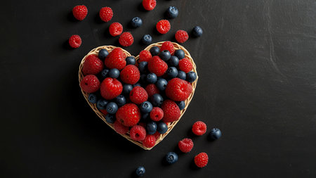Ripe raspberries and blueberries in a heart shaped bowl on a black backgroundの写真素材