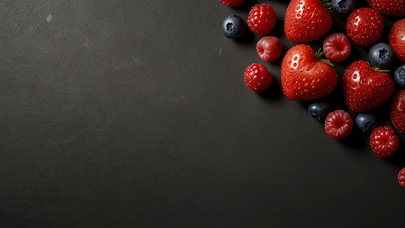 Strawberries, blueberries and raspberries on black background