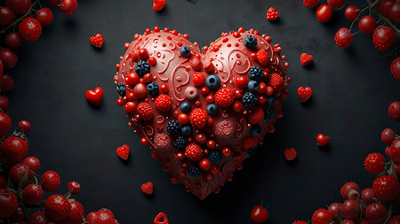 Red heart made of berries on a black background. 3d illustrationの写真素材