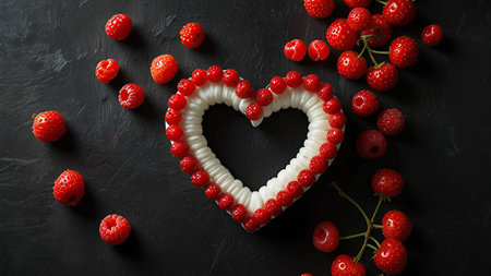Cake in the shape of a heart with berries on a black backgroundの写真素材