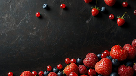 Mix of fresh berries on black background, top view, copy spaceの写真素材