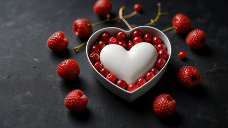 Heart shaped bowl with berries on dark background, valentines day conceptの写真素材