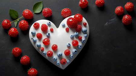 White heart with berries on a dark background. Valentine's Day.の写真素材