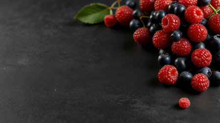 Fresh berries on a black background. Raspberries, blueberries and blackberries.の写真素材