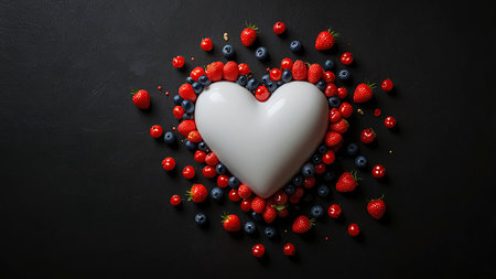 Heart shape with fresh berries on black background. Valentines day conceptの写真素材