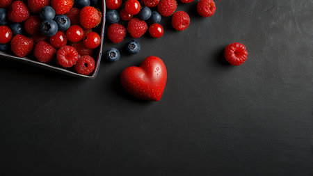 Top view of fresh berries and heart on black background. Copy space