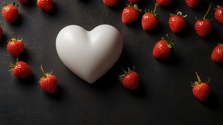 Strawberries and heart on a black background. Valentines day conceptの写真素材