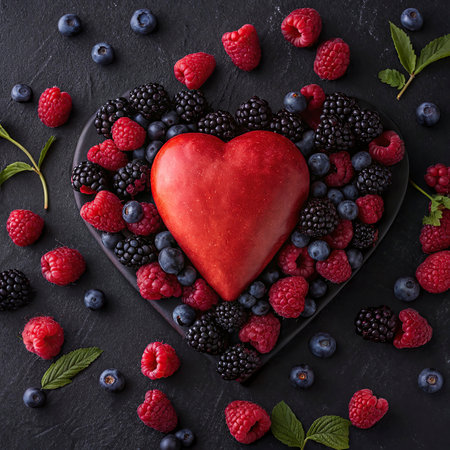 Valentine's day heart with fresh berries on black stone backgroundの写真素材