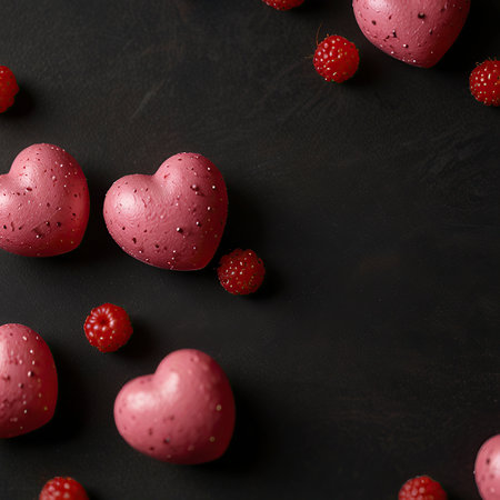 Valentines day background with hearts and raspberries on blackの写真素材
