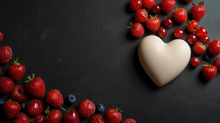 Valentine's day background with strawberries, blueberries and cherries on a black backgroundの写真素材