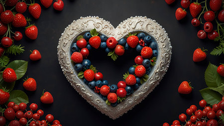 Heart made of fresh berries on a black background, Valentine's Dayの写真素材