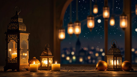 Ramadan Kareem greeting card. Arabic lanterns and candles on blurred background