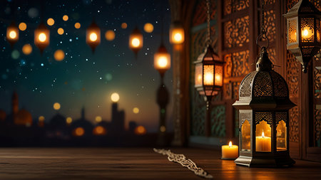 Ramadan Kareem greeting card. Arabic lanterns on wooden table. 3D rendering