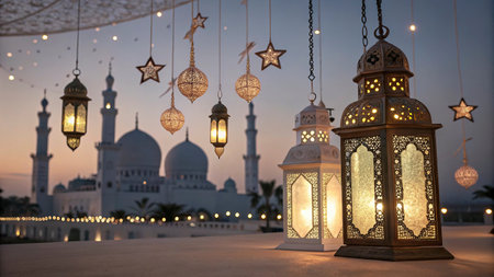 Hanging lanterns in front of the Sheikh Zayed Grand Mosque in Abu Dhabi, United Arab Emirates