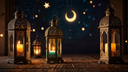 Ramadan Kareem greeting card. Arabic lanterns with burning candles and crescent moon on wooden background. 3D renderingの写真素材