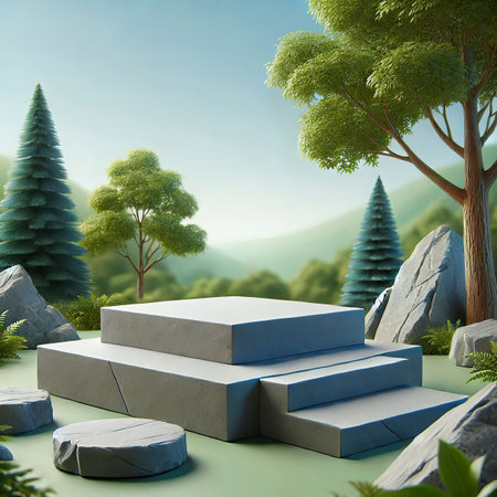 3d render of stone podium with trees and mountains in the backgroundの写真素材