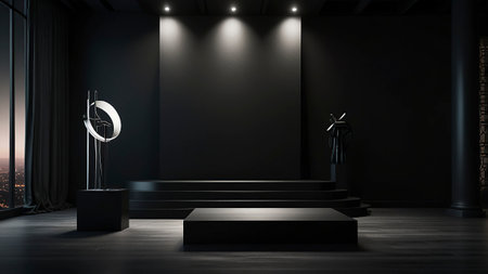 Black podium in modern interior. Mock up, 3D Renderingの写真素材
