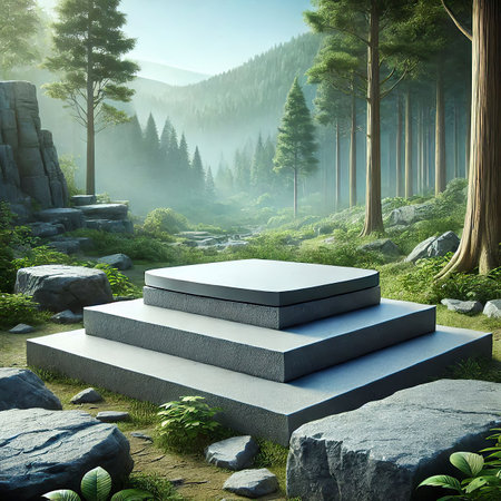 Conceptual scene with podium in the forest. 3d renderの写真素材