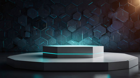Black podium with blue neon light and hexagons. 3d renderingの写真素材
