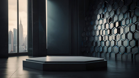 Podium in modern interior with hexagon pattern. Mock up, 3D Renderingの写真素材