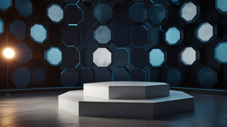 3d rendering. Futuristic blue hexagon room with podium.の写真素材