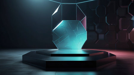 Abstract futuristic interior with empty podium. Mock up, 3D Renderingの写真素材