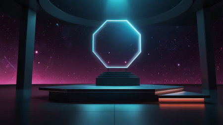 3D rendering of a podium with neon lights in a dark spaceの写真素材