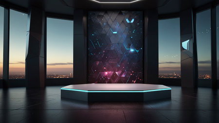 3d rendering of a futuristic podium on the background of the night cityの写真素材