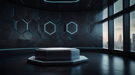 Futuristic interior with empty podium and hexagons. 3D Renderingの写真素材