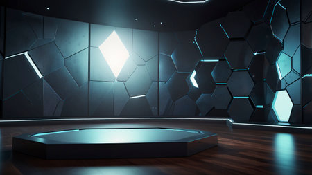 3d render, Futuristic interior with empty podium, neon lightの写真素材