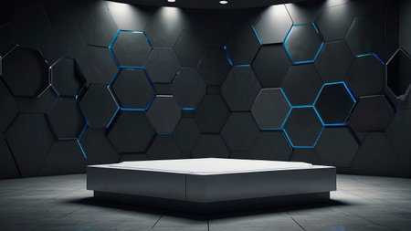 Black hexagon wall and floor with a pedestal 3D renderingの写真素材