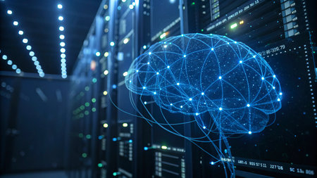 Digital human brain on server room background. Artificial intelligence concept. 3D Rendering