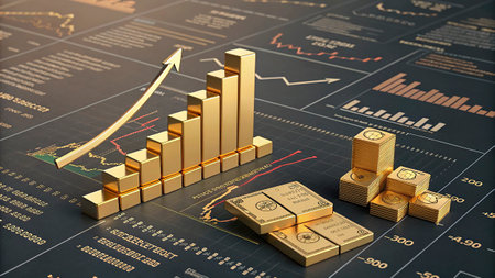 3d illustration of graph and gold bars on financial chart background.の写真素材